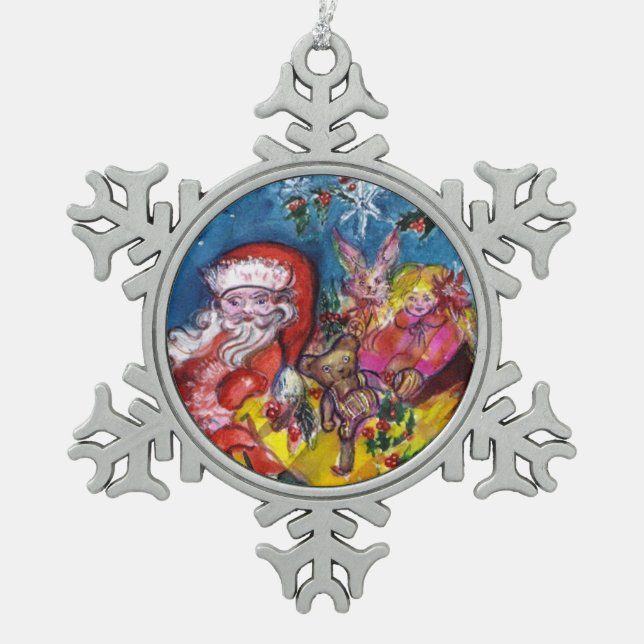 SANTA CLAUS WITH CHRISTMAS GIFT SACK AND TOYS SNOWFLAKE PEWTER CHRISTMAS ORNAMENT (Front)