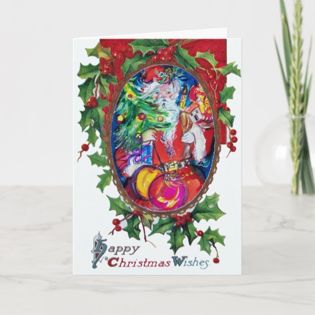 SANTA  CLAUS WITH CHRISTMAS TREE AND GIFTS HOLIDAY CARD (Front)