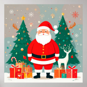 Santa Claus with Christmas Tree and Gifts Poster
