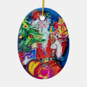 SANTA CLAUS WITH CHRISTMAS TREE AND GIFTS Red Ruby Ceramic Tree Decoration