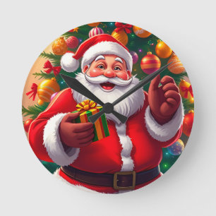 Santa Claus with Christmas Tree and Gifts Round Clock