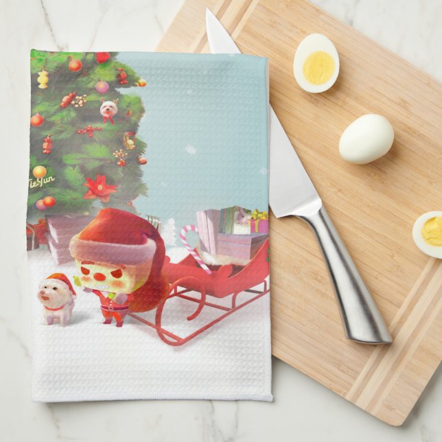 Santa Claus with Christmas Tree Tea Towel (Quarter Fold)