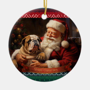 Santa Claus with English Bulldog Ceramic Tree Decoration
