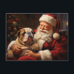 Santa Claus with English Bulldog Postcard<br><div class="desc">A heartwarming Christmas scene depicts Santa Claus, dressed in his iconic red suit with white fur trim, holding a english bulldog in his lap. The bulldog, with its wrinkled face and large, expressive eyes, looks up at Santa with a gentle gaze. Santa's face is full of warmth and kindness, and...</div>