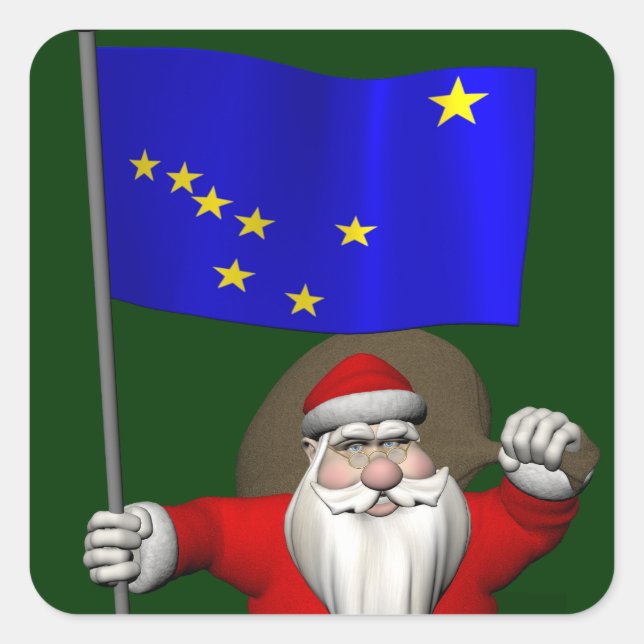 Santa Claus With Ensign Of Alaska Square Sticker (Front)