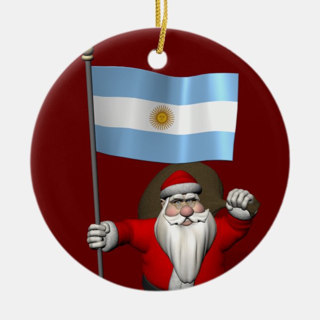 Santa Claus With Ensign Of Argentina Ceramic Tree Decoration (Front)