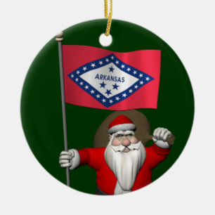 Santa Claus With Ensign Of Arkansas Ceramic Tree Decoration