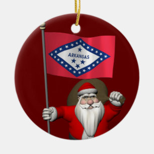 Santa Claus With Ensign Of Arkansas Ceramic Tree Decoration