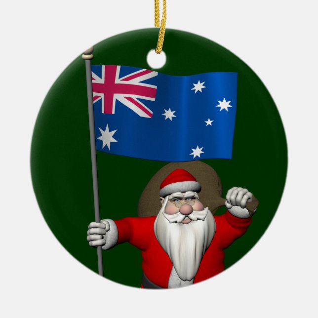Santa Claus With Ensign Of Australia Ceramic Tree Decoration (Front)