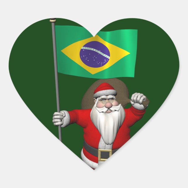 Santa Claus With Ensign Of Brazil Heart Sticker (Front)
