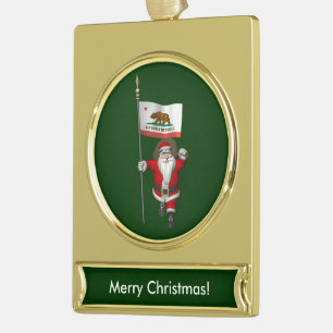 Santa Claus With Ensign Of California Gold Plated Banner Ornament
