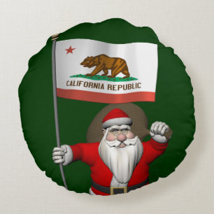Santa Claus With Ensign Of California Round Cushion