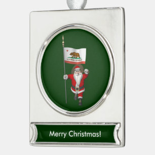 Santa Claus With Ensign Of California Silver Plated Banner Ornament