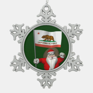 Santa Claus With Ensign Of California Snowflake Pewter Christmas Ornament