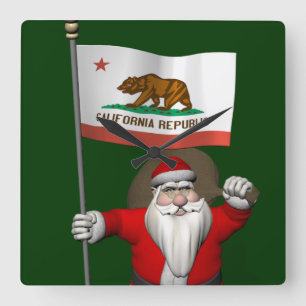 Santa Claus With Ensign Of California Square Wall Clock
