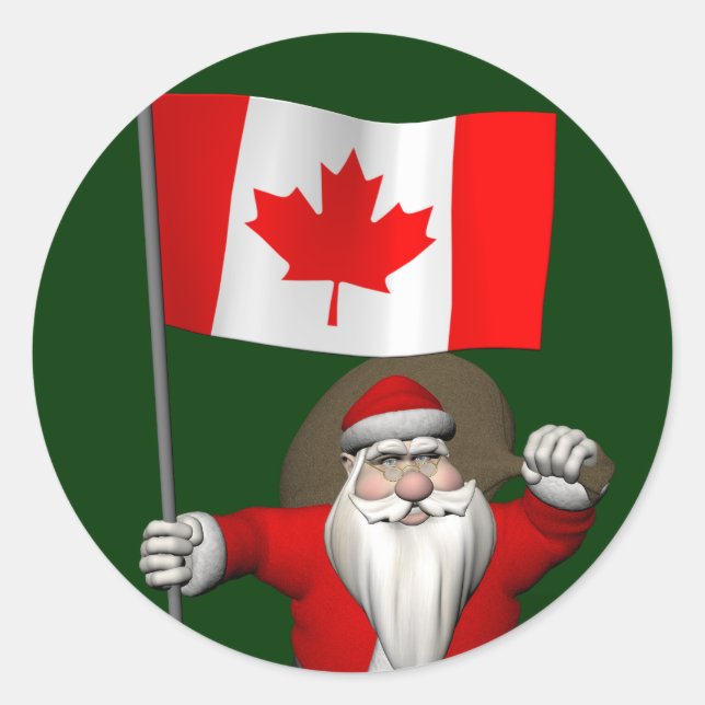 Santa Claus With Ensign Of Canada Classic Round Sticker (Front)
