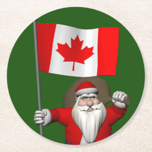 Santa Claus With Ensign Of Canada Round Paper Coaster