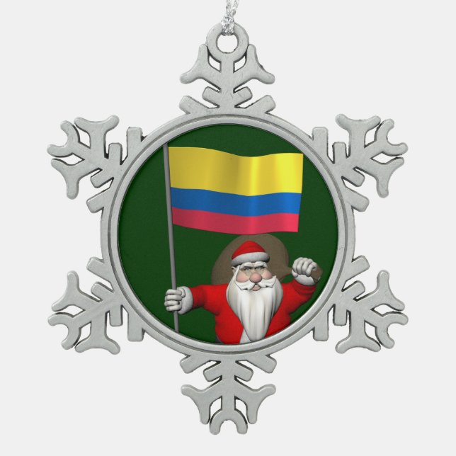 Santa Claus With Ensign Of Colombia Snowflake Pewter Christmas Ornament (Front)