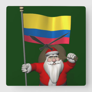 Santa Claus With Ensign Of Colombia Square Wall Clock