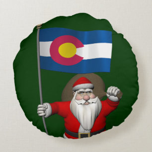 Santa Claus With Ensign Of Colorado Round Cushion