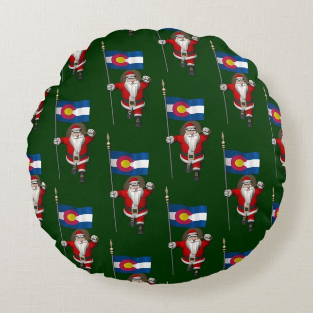 Santa Claus With Ensign Of Colorado Round Cushion (Front)