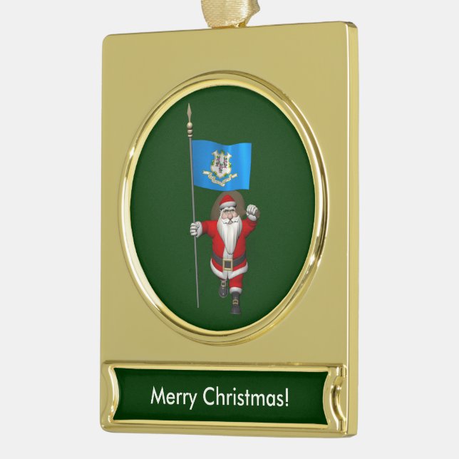Santa Claus With Ensign Of Connecticut Gold Plated Banner Ornament (Left)
