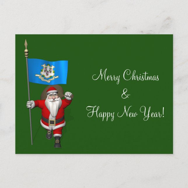 Santa Claus With Ensign Of Connecticut Holiday Postcard (Front)