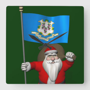 Santa Claus With Ensign Of Connecticut Square Wall Clock