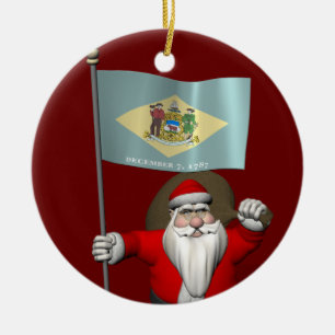 Santa Claus With Ensign Of Delaware Ceramic Tree Decoration