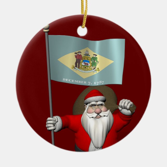 Santa Claus With Ensign Of Delaware Ceramic Tree Decoration (Front)