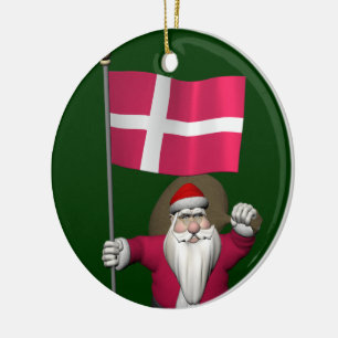 Santa Claus With Ensign Of Denmark Dannebrog Ceramic Tree Decoration