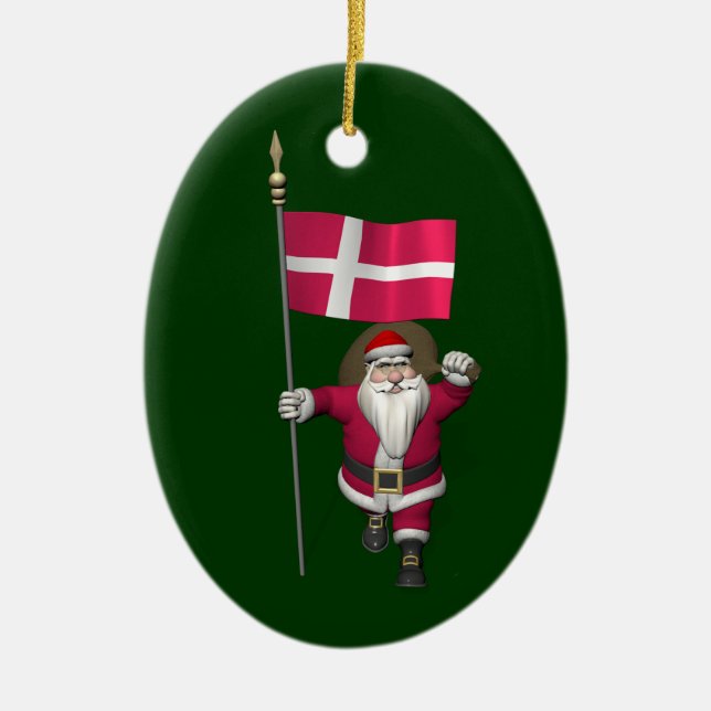 Santa Claus With Ensign Of Denmark Dannebrog Ceramic Tree Decoration (Front)
