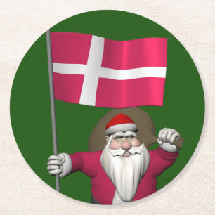Santa Claus With Ensign Of Denmark Dannebrog Round Paper Coaster