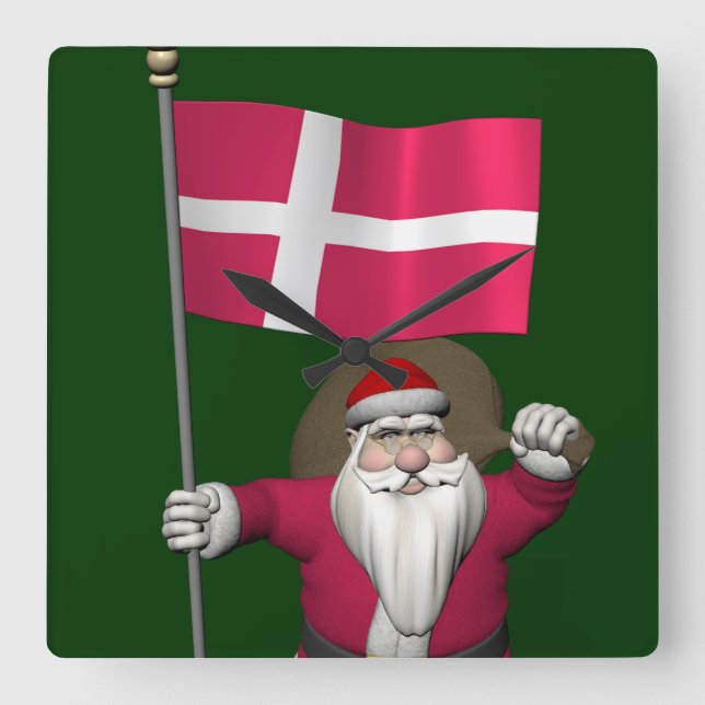 Santa Claus With Ensign Of Denmark Dannebrog Square Wall Clock (Front)
