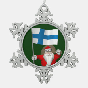Santa Claus With Ensign Of Finland Snowflake Pewter Christmas Ornament