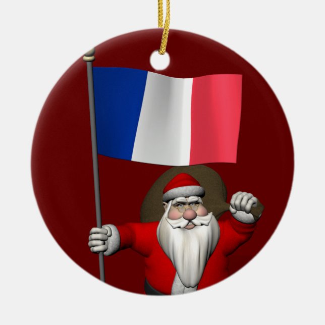 Santa Claus With Ensign Of France Ceramic Tree Decoration (Front)
