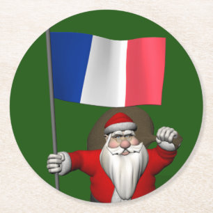 Santa Claus With Ensign Of France Round Paper Coaster