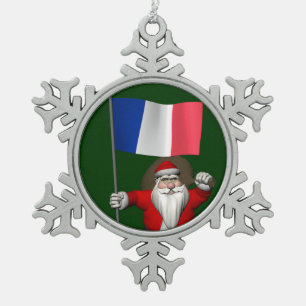 Santa Claus With Ensign Of France Snowflake Pewter Christmas Ornament