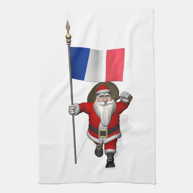 Santa Claus With Ensign Of France Tea Towel (Vertical)