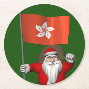 Santa Claus With Ensign Of Hong Kong Round Paper Coaster