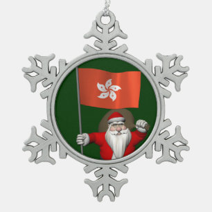 Santa Claus With Ensign Of Hong Kong Snowflake Pewter Christmas Ornament