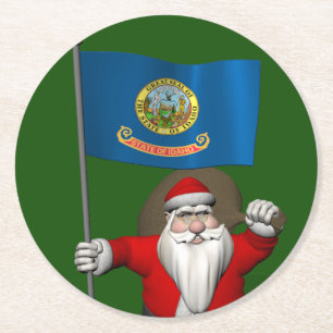 Santa Claus With Ensign Of Idaho Round Paper Coaster