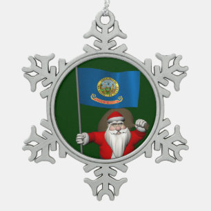 Santa Claus With Ensign Of Idaho Snowflake Pewter Christmas Ornament