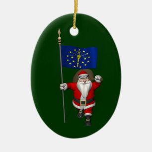 Santa Claus With Ensign Of Indiana Ceramic Tree Decoration