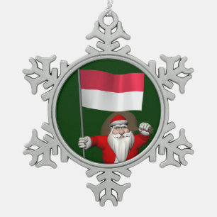 Santa Claus With Ensign Of Indonesia Snowflake Pewter Christmas Ornament