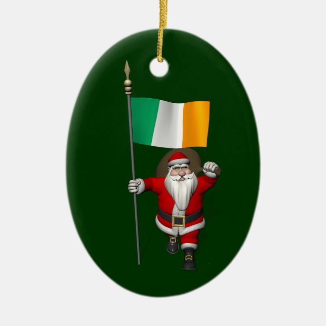 Santa Claus With Ensign Of Ireland Ceramic Tree Decoration (Front)