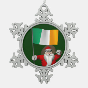 Santa Claus With Ensign Of Ireland Snowflake Pewter Christmas Ornament