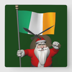 Santa Claus With Ensign Of Ireland Square Wall Clock