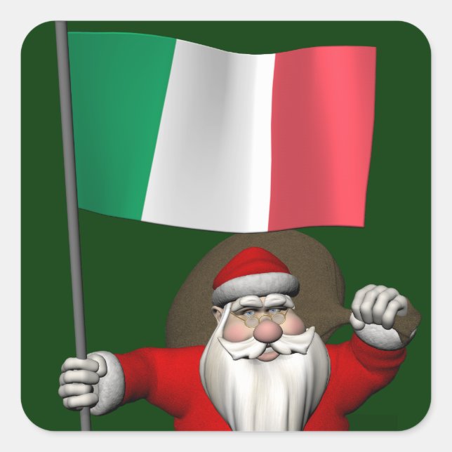 Santa Claus With Ensign Of Italy Square Sticker (Front)
