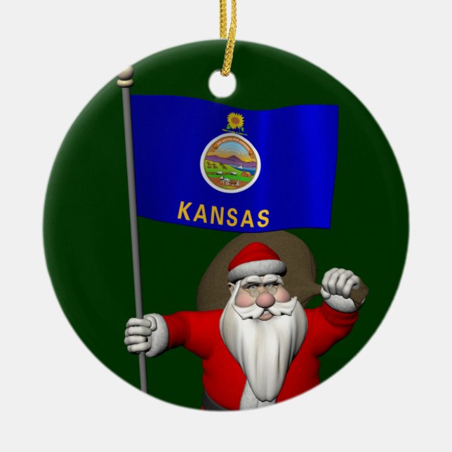 Santa Claus With Ensign Of Kansas Ceramic Tree Decoration (Front)